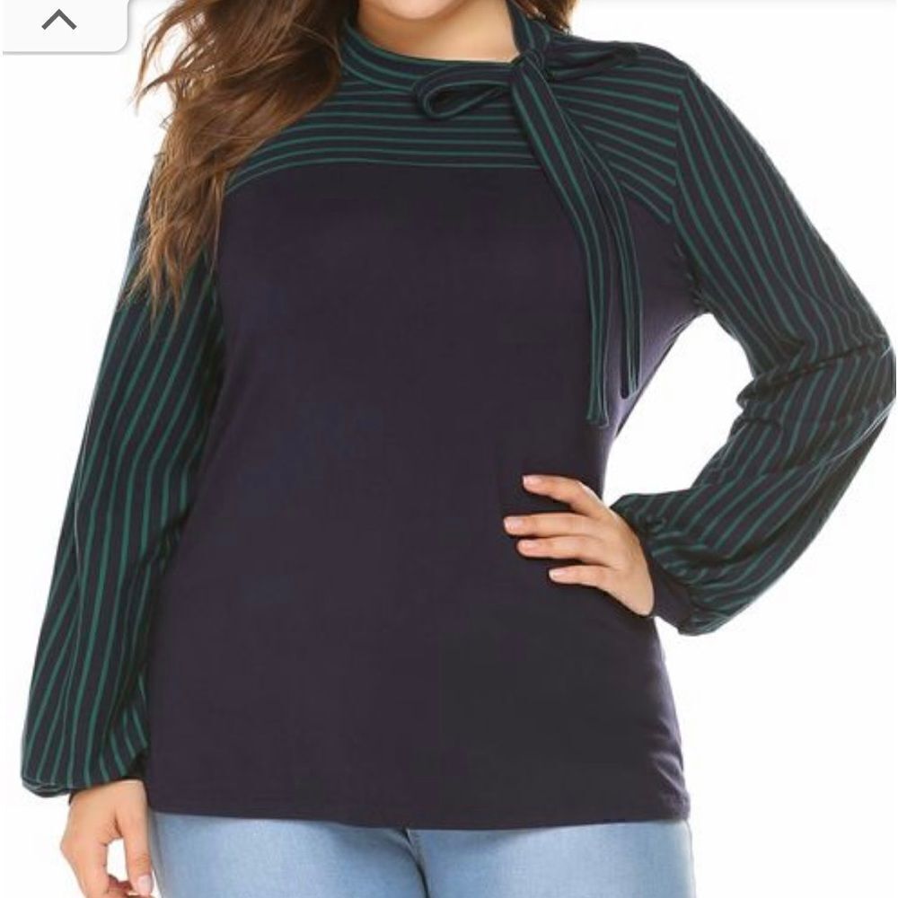 In Voland Navy Blue and Green striped long sleeve top with tie neck NWT size 20W
